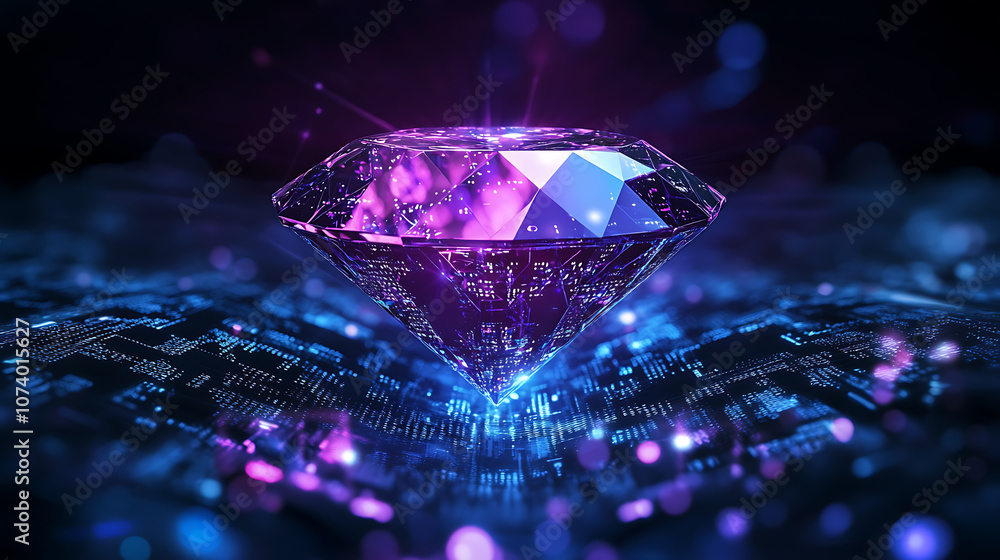Poster A glowing violet and blue diamond symbolizes digital wealth, crypto, and NFT ownership, Subtle binary code overlays enhance the futuristic theme, representing blockchain technology