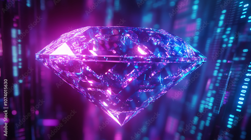 Poster A glowing violet and blue diamond symbolizes digital wealth, crypto, and NFT ownership, Subtle binary code overlays enhance the futuristic theme, representing blockchain technology