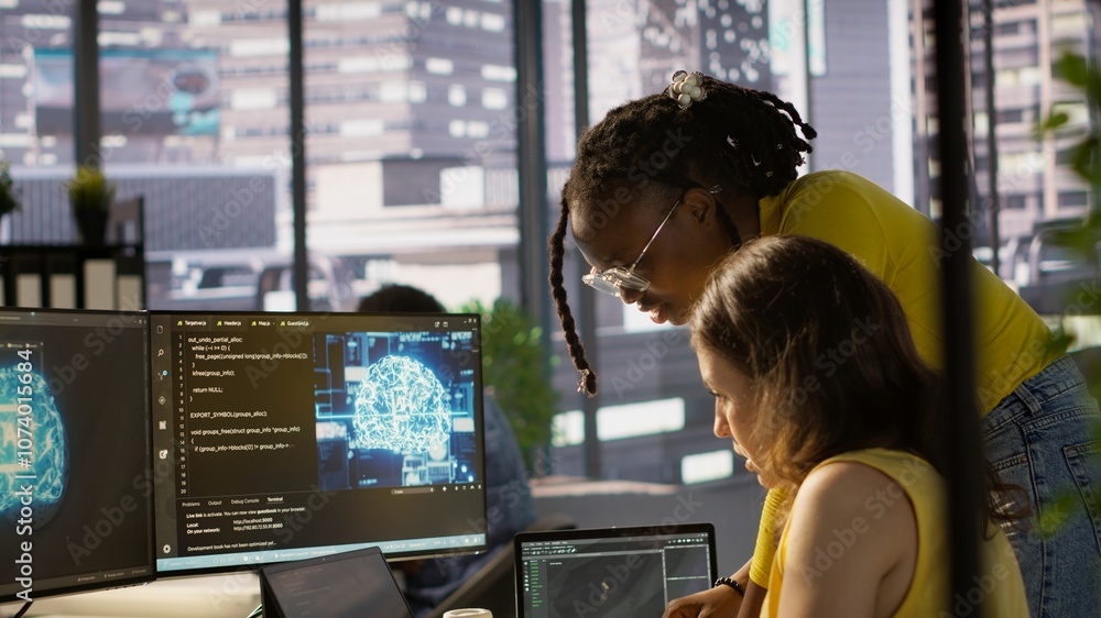 Poster admin assisted by coworker while utilizing cloud computing resources to train large scale machine le