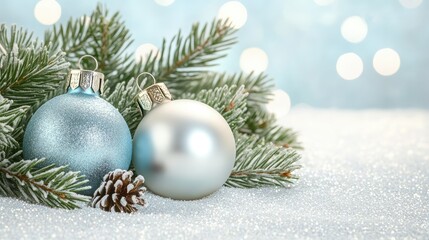Elegant Christmas Ornaments on Snowy Pine Branch