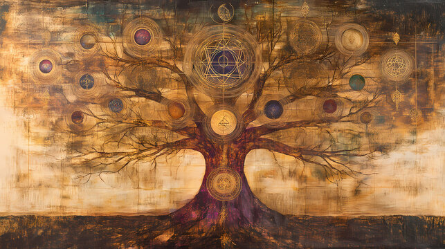 The tree of life - a visual journey through the spheres of the kabbalah and divine emanations. Arcane. Illustration