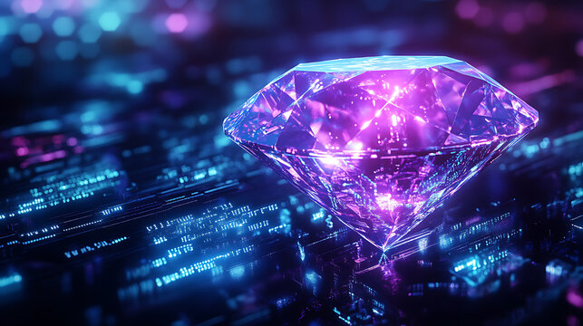 A glowing violet and blue diamond symbolizes digital wealth, crypto, and NFT ownership, Subtle binary code overlays enhance the futuristic theme, representing blockchain technology