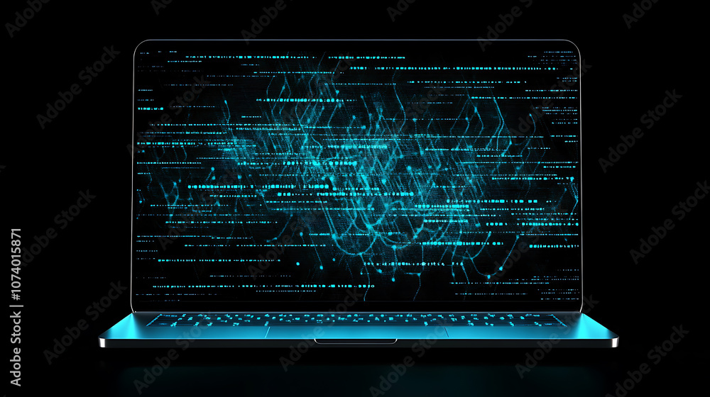 Poster a laptop with abstract code lines on the screen, symbolizing the concept of learning to code, ideal 