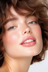 Naklejka premium Close-up of a woman with fair skin and a bright smile, showcasing a blunt midi cut and natural lighting