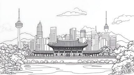Fototapeta premium A line art vector illustration of the Seoul skyline