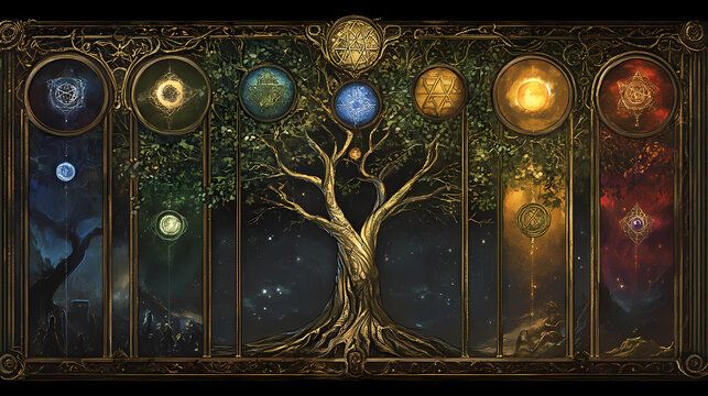 The tree of life - a visual journey through the spheres of the kabbalah and divine emanations. Arcane. Illustration