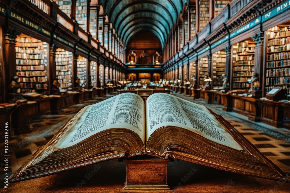Aufkleber Open Book in a Library with Bookshelves Blurred in the Background