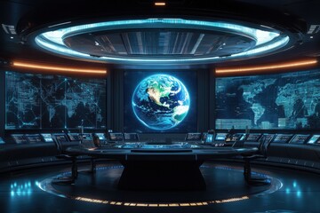 Global network command center monitoring planet earth data flow