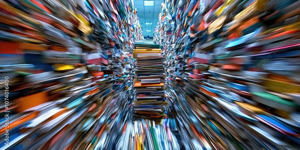 Poster blurred perspective of a stack of books in a library