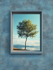 A peaceful window displays a vibrant tree accompanied by a calm natural landscape, creating a sense of tranquility and connection with nature. Generative AI
