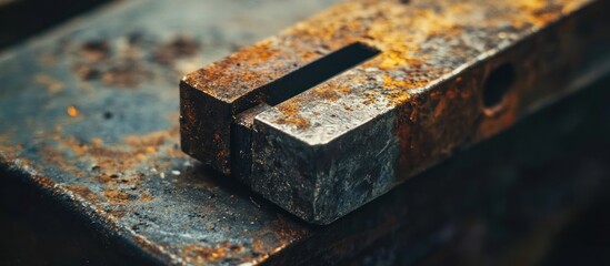Close-up of rusty metal with a slot and hole.