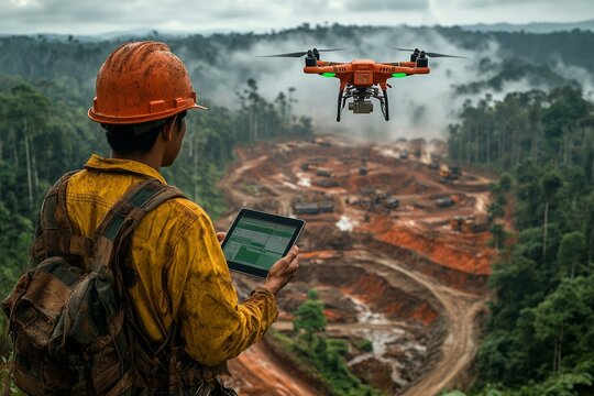  Drone technology in forest logging: worker oversees data collection in deforested landscape with tablet and drone.