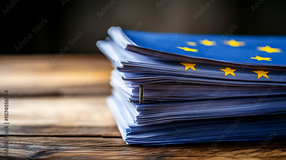 Aufkleber A stack of documentation on a wooden table with written AI regulation, highlighting EU laws and policies aimed at ensuring AI safety and ethical standards in technology development