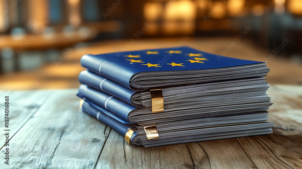 Poster a stack of documentation on a wooden table with written ai regulation, highlighting eu laws and poli