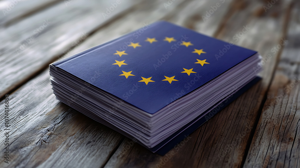 Poster a stack of documentation on a wooden table with written ai regulation, highlighting eu laws and poli