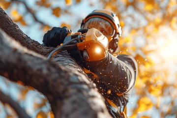 Worker using chainsaw on tree with flying sawdust and autumn leaves in background, focus on safety gear and action.