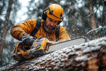  Lumberjack using chainsaw in snowy forest for winter logging and forestry work, safety gear and focus on tree cutting