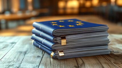 A stack of documentation on a wooden table with written AI regulation, highlighting EU laws and policies aimed at ensuring AI safety and ethical standards in technology development