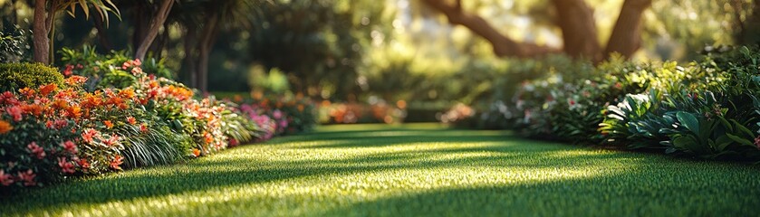 Naklejka premium Discover the tranquil beauty of a lush garden landscape surrounded by vibrant flowers and lush greenery