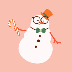 Cute snowman in bow tie with a top hat and candy cane. Holiday cartoon and character in scarf and hat flat style on pink background. Print, wrapping paper, wallpaper Merry Christmas and happy new year