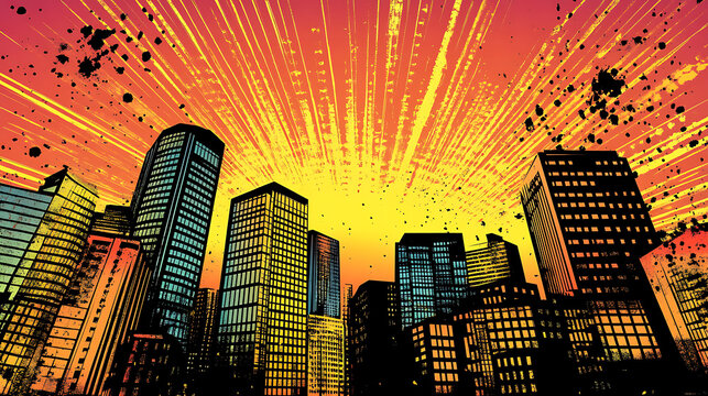 A pop art retro vector illustration of a city skyline at sunset or sunrise, capturing tall modern buildings in an urban background