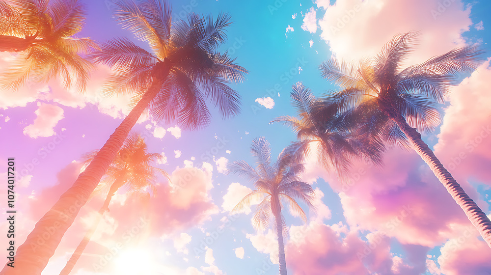 Aufkleber a vibrant holographic image of palm trees swaying in the breeze, with a backdrop of a sunny sky and 