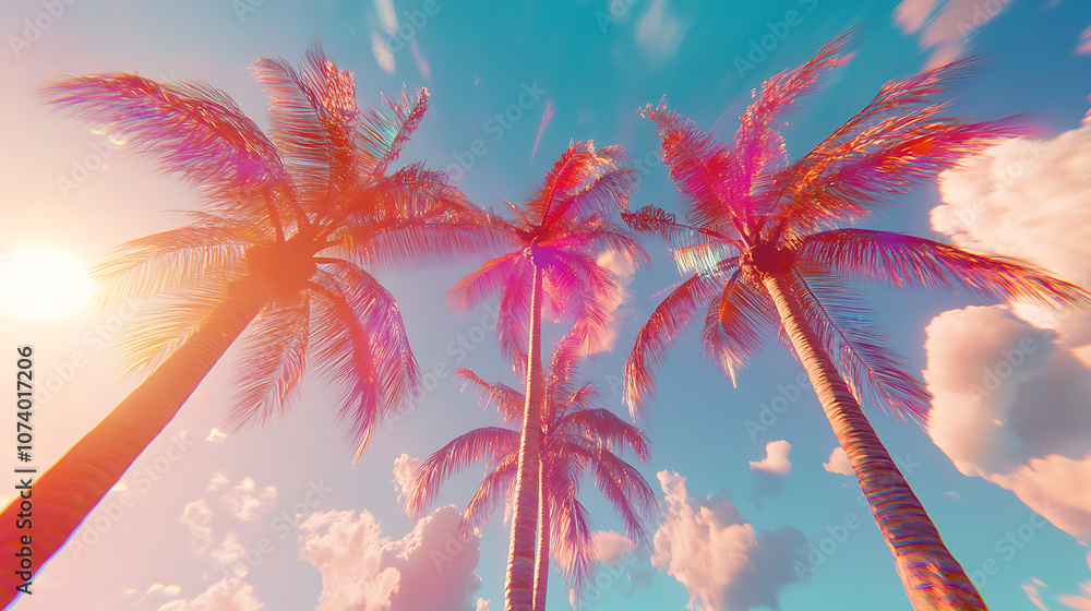Poster a vibrant holographic image of palm trees swaying in the breeze, with a backdrop of a sunny sky and 