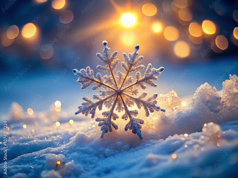 Poster a delicate snowflake on a snow-covered branch illuminated by a single point of light in a winter won