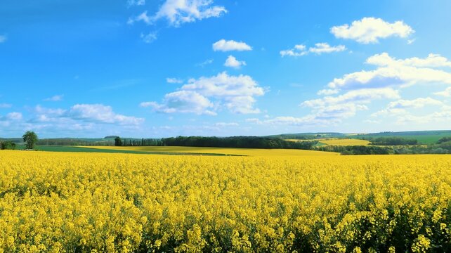 Agriculture en Champagne Ardenne dans la r&eacute;gion Grand Est, paysage de champ de colza (brassica napus) jaune, en fleur, sous un ciel bleu, au printemps (France)