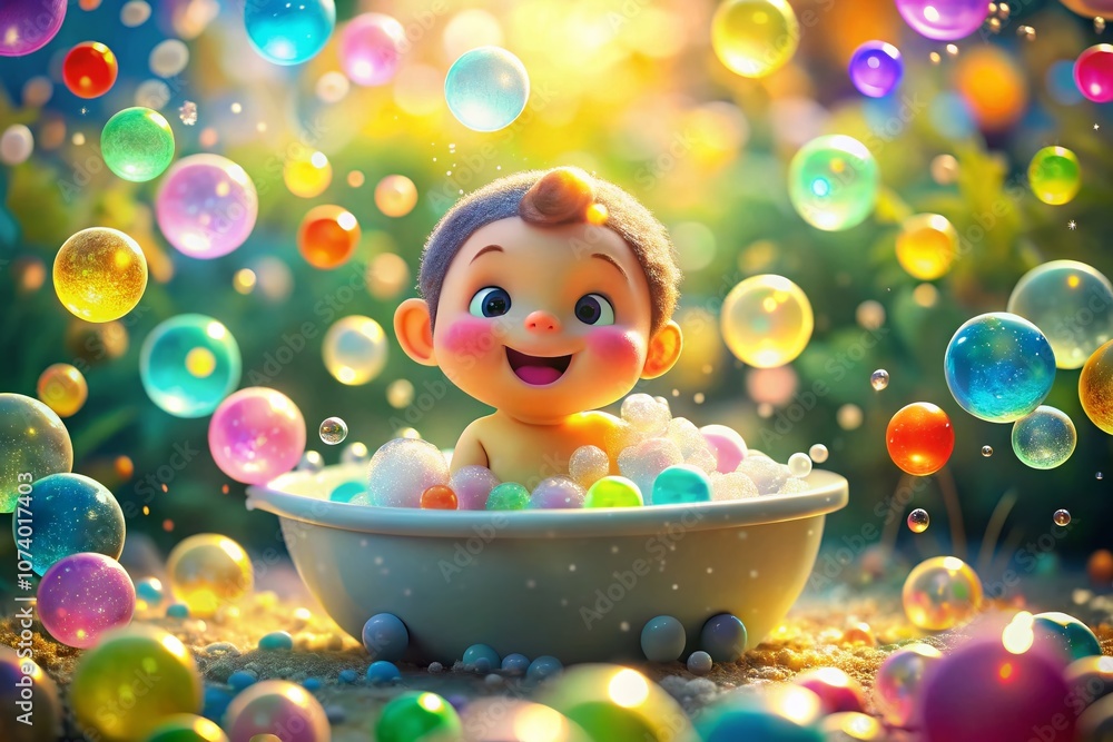 Poster a delightful cartoon character joyfully splashing in a colorful bubble bath with a bokeh effect, rad