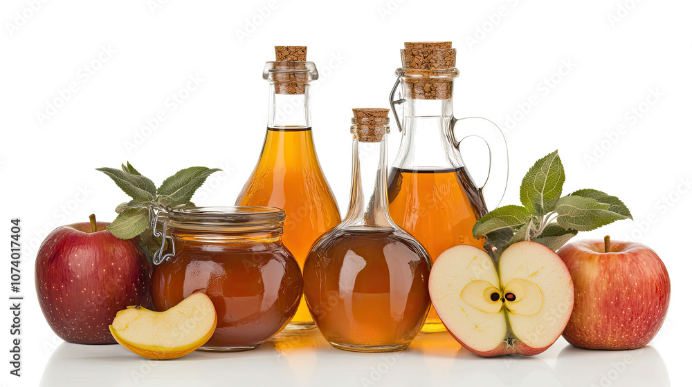 Aufkleber apple cider vinegar bottles and fresh apples arranged for culinary use generative ai