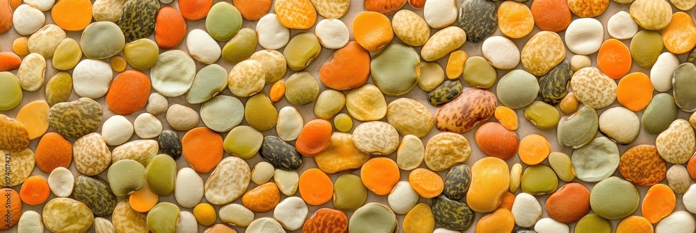 Poster An intricate arrangement of colorful beans, lentils, and seeds creates an eye-catching abstract pattern, showcasing diverse textures and hues. Generative AI