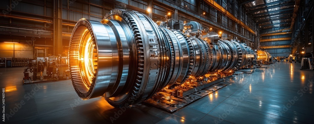 Poster a large industrial turbine in a factory setting