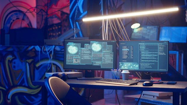 High tech computer system running malicious code in empty basement, handheld camera shot. PC monitors in empty neon lit criminal hideout used by hackers to commit illegal activities, camera B