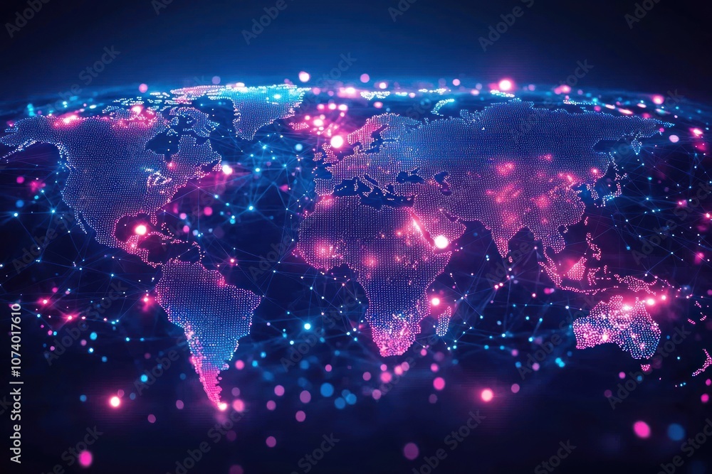 Poster a digital representation of the world with glowing continents and connections
