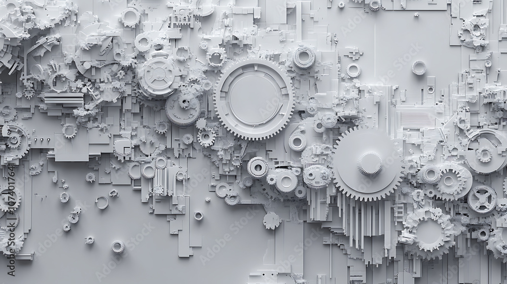 Fototapete abstract background with gears and technology elements in gray color on white paper