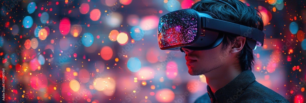 Poster man wearing vr headset with blurred lights in background