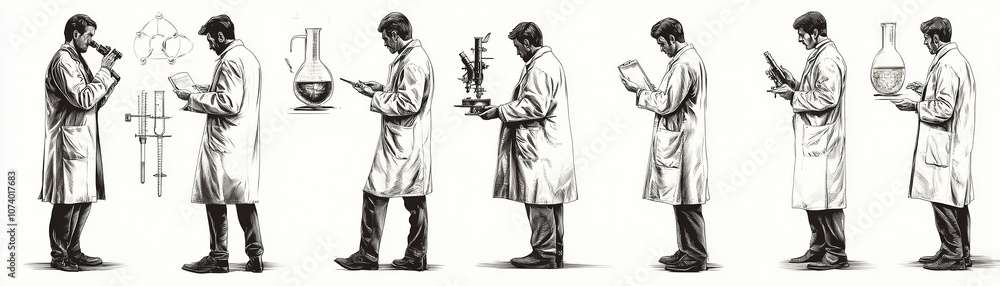 Poster scientist conducts experiments and analyzes data in a series of laboratory activities