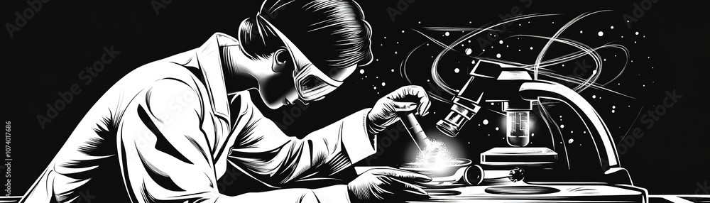 Poster scientist conducts experiment with microscope and test tubes in a laboratory setting