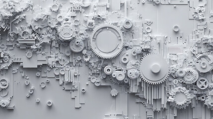 Abstract background with gears and technology elements in gray color on white paper