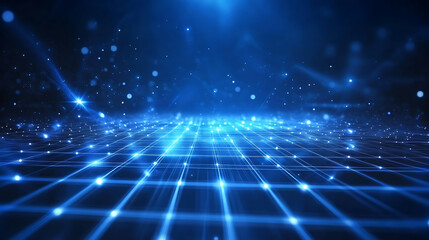 Abstract background with glowing blue light and grid pattern on dark blue backdrop, technology concept