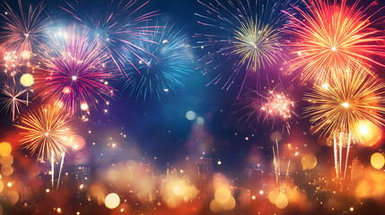Fototapeta premium Abstract blurred cityscape background with fireworks in the sky Blurred panoramic view of night metropolis with sparkling lights and firework display