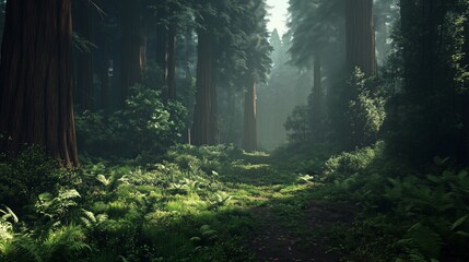 Redwood trees tower over a lush, green forest pathway, where sunlight breaks through the mist, creating a serene and tranquil environment. dense foliage, ferns, and tall trunks contribute to the