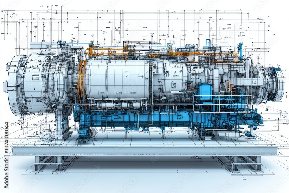 Poster detailed 3d model of a complex industrial machine with engineering drawings