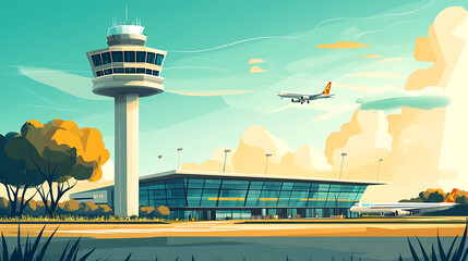 An illustration of the Changi Airport control tower, highlighting its modern architecture and importance in the aviation industry, travel, and tourism sectors