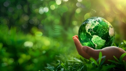 A hand holding a green globe in a lush green field. Concept of environmental awareness and the importance of preserving our planet