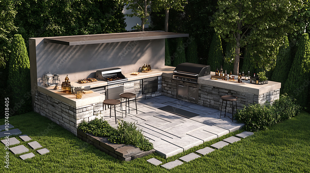 Poster an outdoor entertainment area with a built-in barbecue and a bar setup