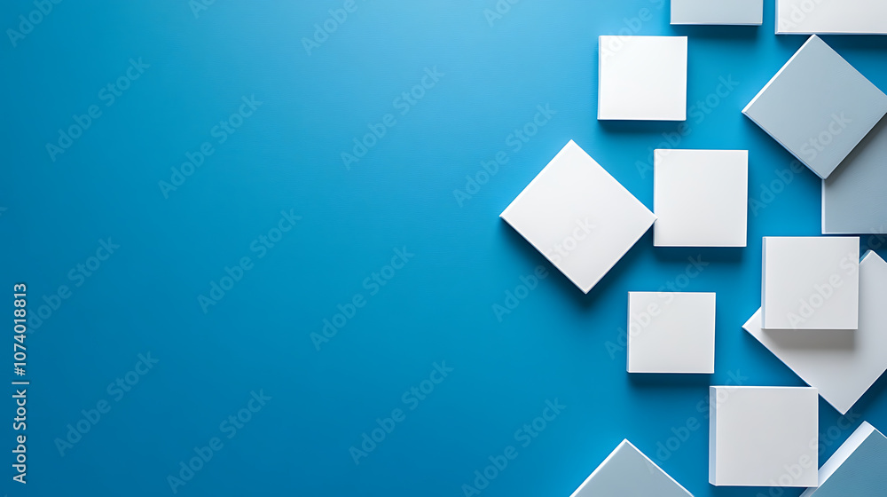Poster blue background with white and silver squares in the lower right corner, representing technology or 