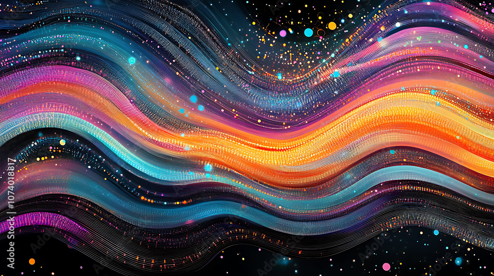 Poster Big data visualization, very aesthetic flowing lines of colorful dots and stripes forming an abstract representation of digital information flow on a dark background