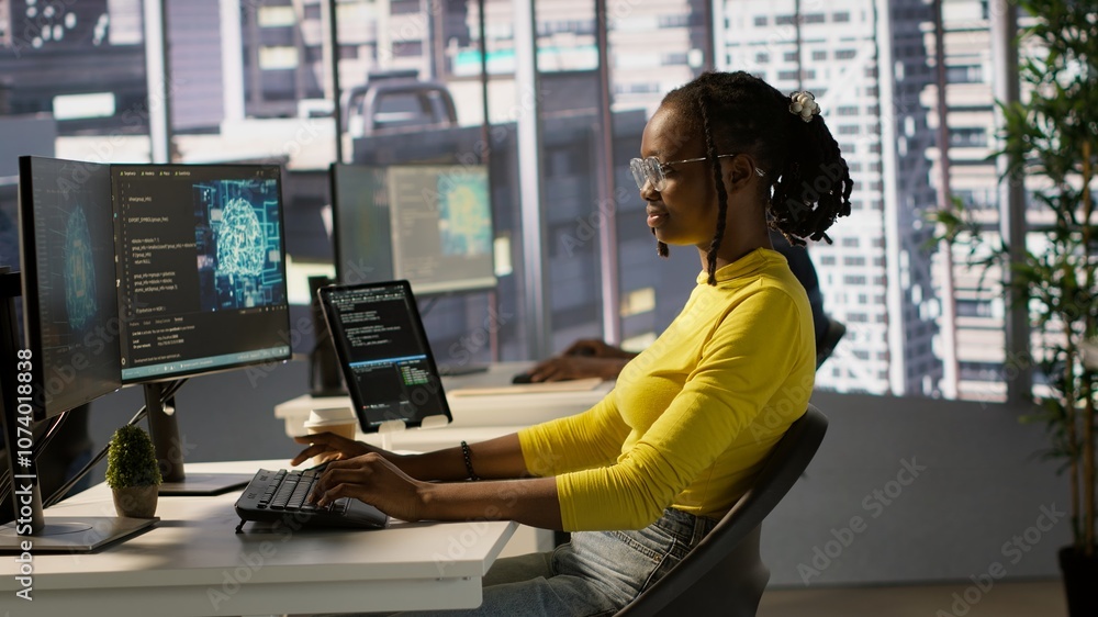 Poster computer scientist testing ai company software, identifying errors in machine learning tech. african
